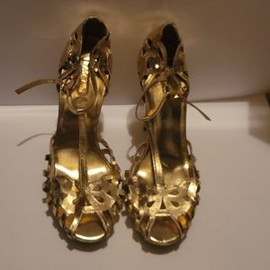 Gold open toe heels